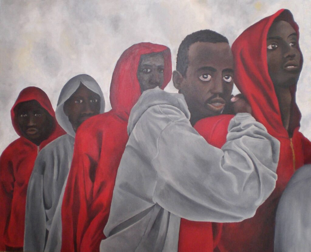 Acrylgemälde. Fünf farbige Personen stehen in einer Warteschlange. Ihre Gesichter sind müde und sorgenvoll. Schwarz, weiß und Rot dominieren.
