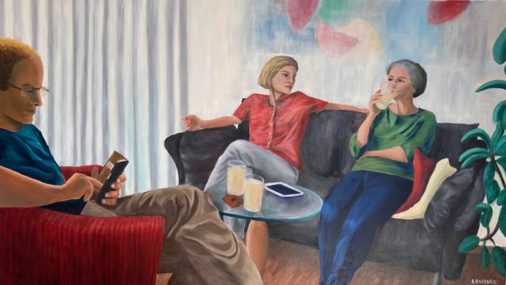 Ölgemälde. 3 Personen sitzen auf Sofa und Sessel um einen kleinen Tisch.